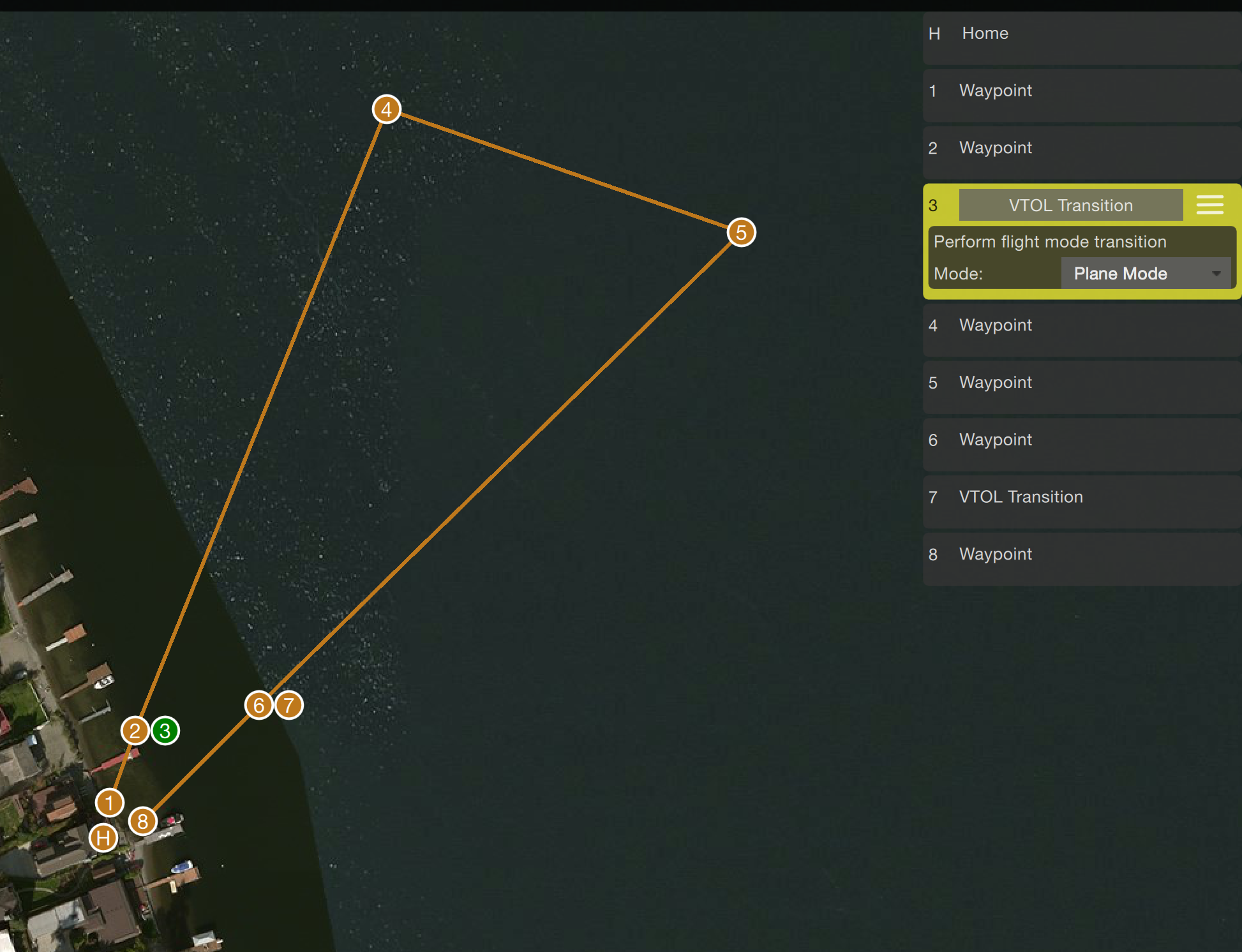 Mission, showing transition WP to plane