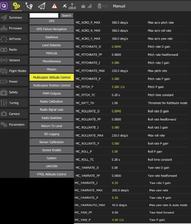 Recommended parameters for QAV250